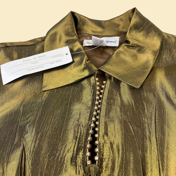 1990s L olive green rhinestone jacket by General Apparel, vintage crinkle jacket - Picture 3 of 8